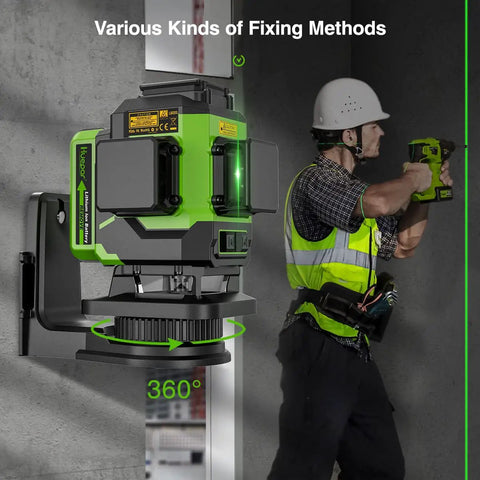 3D Self Leveling Laser Level With 3x360 Green Beam For Tiling Floors And More mounted on wall with worker using drill by LS03DG