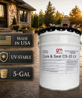 Professional Acrylic Concrete Cure And Seal For Pool Decks And Garages Locks In Moisture Stops Cracking Dusting And Spalling Knockout Performance Formula With Zero Hassle Five Gallon Container, with labels.