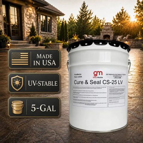 Professional Acrylic Concrete Cure And Seal For Pool Decks And Garages Locks In Moisture Stops Cracking Dusting And Spalling Knockout Performance Formula With Zero Hassle Five Gallon Container, with labels.