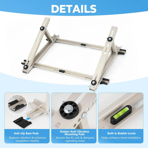 Rooftop Mini Split Mount Bracket For Ductless AC And Heat Pump, adjustable angle with anti-vibration pads and built-in bubble levels.