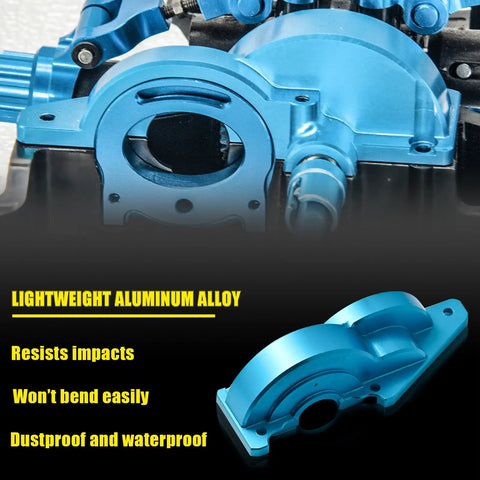 Close-up of Premium Aluminum Gearbox Cover for One Tenth Scale RC Cars, CNC Machined Main Gear Case and Spur Gear Covers