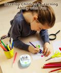 Child using Bluetooth Sticker Printer Mini Portable Sticker Maker With 3 Roll Paper Inkless Thermal Printing For iPhone Notes And Journals DIY Crafts And Kids Gift On The Go, with drawing tools on table.