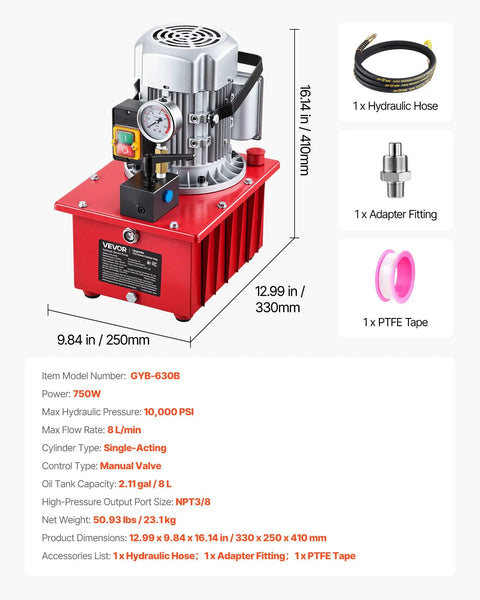 Electric Hydraulic Pump 750W 10000 PSI Heavy Duty Power Pack 120V Single Acting Hydraulic Unit With Manual Valve Two Point One Gallon Eight Liter Capacity For Punching Bending Straightening And Pressing Jobs, with hose and fittings