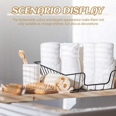 Bathroom scene with rolled towels and brush in a wire organizer