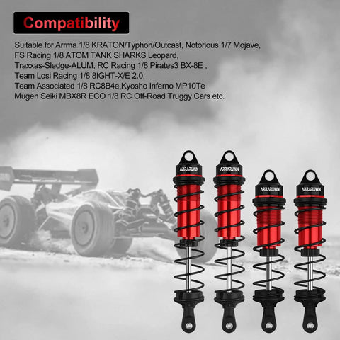 Heavy Duty Adjustable Front 110mm And Rear 130mm RC Shock Absorber Set For 1/8 Scale Buggies And Truggies Built To Handle 6S Power