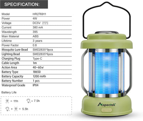2 In 1 Bug Zapper And LED Lantern With IPX4 Weatherproofing Mosquito Killer Type C Charging Cordless Indoor And Outdoor Light For Camping Patio And Garden Green showing specifications and design