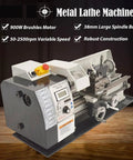 Quantbu Mini Metal Lathe Machine With Industrial Precision Benchtop Electric Motor, continuously variable speed control & aluminum chuck for fine machining and turning small steel or alloy parts DIY projects on wooden surface.