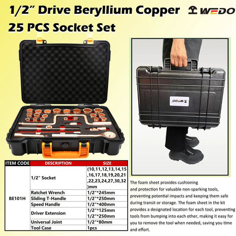 Non Sparking 25 Piece Tool Set With One Half Inch Drive Sockets Ratchet Wrench Sliding T Handle Speed Handle Driver