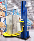 Heavy Duty Semi Auto Pallet Wrapper With Built In Digital Scale No Sweat Wrapping For 5000 Lb Loads securing wrapped pallets in warehouse.