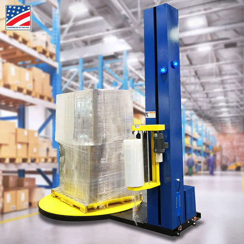 Heavy Duty Semi Auto Pallet Wrapper With Built In Digital Scale No Sweat Wrapping For 5000 Lb Loads securing wrapped pallets in warehouse.