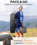 Person carrying a Solar Powered Portable Generator Kit With 200W Peak Output And 100W Rated, 146Wh Battery, Includes 40W Solar Panel.