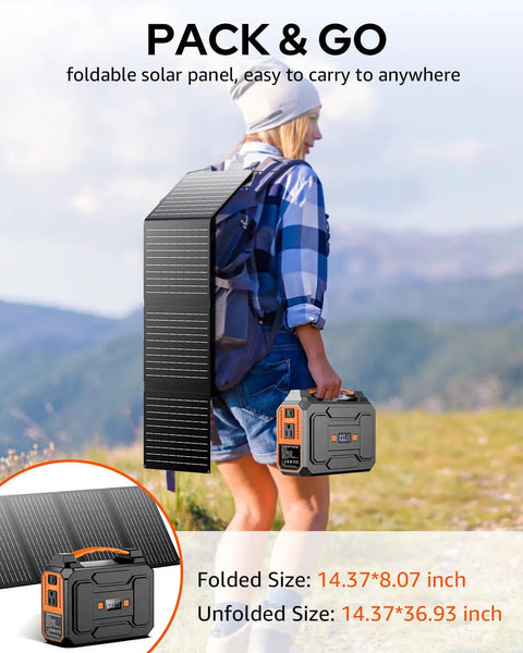 Person carrying a Solar Powered Portable Generator Kit With 200W Peak Output And 100W Rated, 146Wh Battery, Includes 40W Solar Panel.