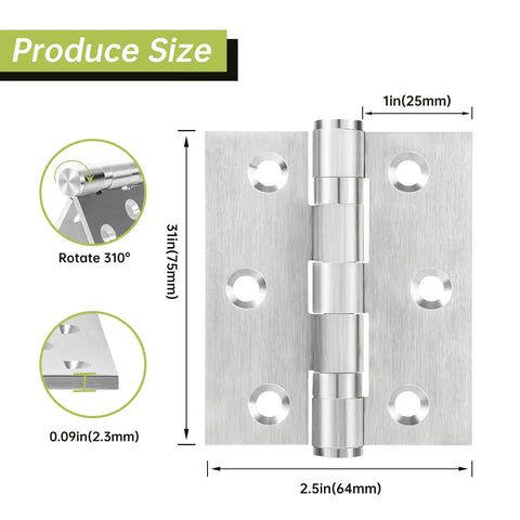 3 Pack 3 Inch Stainless Steel Door Hinges Heavy Duty Ball Bearing For Interior And Exterior Doors Square Corner Smooth Quiet Silver Finish Supports Up To 100 Lbs Each, 3x2.5 in