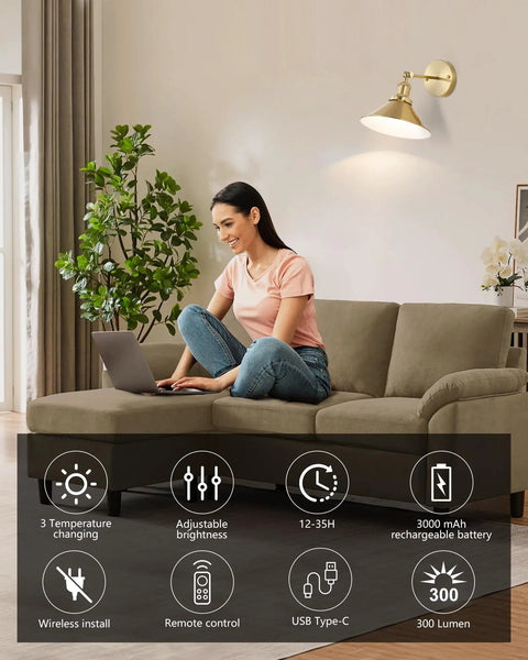 Woman on sofa under lit Gold Vintage Wireless Battery Operated Wall Sconces Set Of 2 With Remote Control, showing features.
