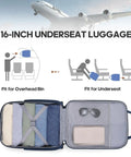 Open view of lightweight underseat 16-inch carry-on luggage with wheels, showing organized storage and fit under airline seats.