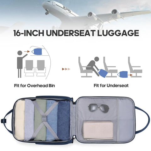 Open view of lightweight underseat 16-inch carry-on luggage with wheels, showing organized storage and fit under airline seats.