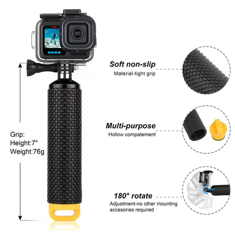 GoPro Hero Waterproof Housing With Floating Hand Grip for Depth Up To 196ft, Red Filter, detailed view of grip texture and features