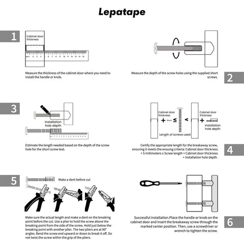 Diagram showing installation steps for cabinet handles using screws, including measuring and sizing with tools.