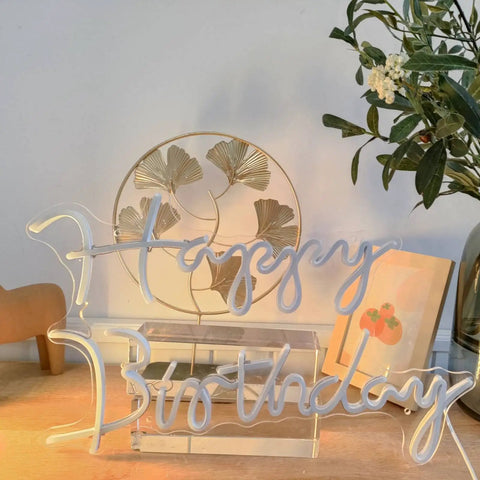 Happy Birthday LED Neon Sign 18 Inch For Backdrops And Parties, Warm White Neon Light Decor on table, floral backdrop decoration