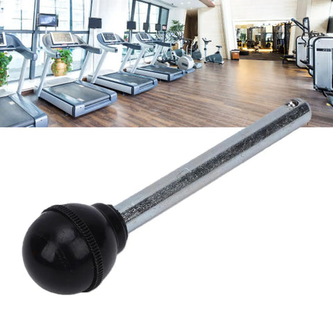 Beefy Universal Weight Stack Pin for Gym Equipment, heavy-duty plastic and stainless steel, shown with gym treadmills in background.