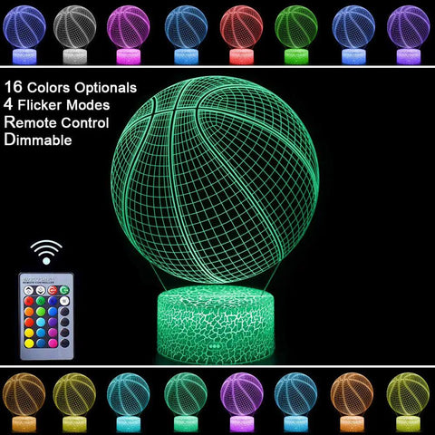 Basketball Night Light 3D Illusion RGB Lamp With Remote Dimmable Night Light for kids teens NBA fans, 16 colors and remote control.