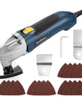 Heavy Duty Corded Oscillating Multi Tool With Universal Fit Base And 200W 1.6A Motor, various attachments, and sanding pads.