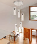 Five-Light Brushed Nickel Kitchen Island Pendant Lights With Dimmable LED, modern dining room view, wood table below