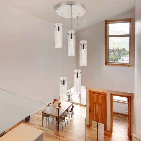 Five-Light Brushed Nickel Kitchen Island Pendant Lights With Dimmable LED, modern dining room view, wood table below