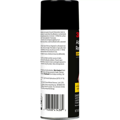 Back view of 12 Oz Adhesive Remover Spray can with label details. Adhesive Remover Spray 12 Oz Quick Dissolve Tape Residue Tar Wax And Glue