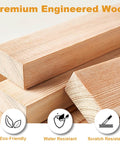 Stack of premium engineered wood beams labeled eco-friendly, water-resistant, and scratch-resistant.