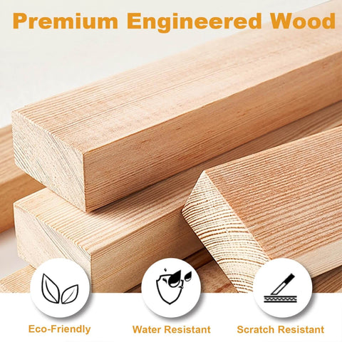 Premium engineered wood planks showcasing eco-friendly, water-resistant, and scratch-resistant properties.