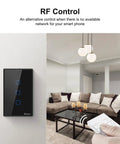 WiFi Smart Light Switch 2.4GHz Touch Wall Switch next to a living room setting with a remote control visible