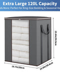 Massive 120L Blanket Storage Bags with reinforced handles, showing breathable 100 GSM fabric, fits king comforters and pillows, durable gray.