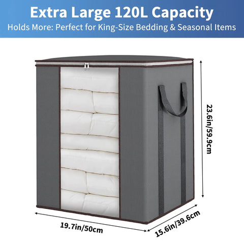 Massive 120L Blanket Storage Bags with reinforced handles, showing breathable 100 GSM fabric, fits king comforters and pillows, durable gray.