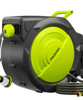 Heavy Duty Automatic Wall Mount Garden Hose Reel With 160 Feet Of Kink Free Auto Rewind Hose Three Quarter Inch Brass Fitting Ten Pattern Nozzle Any Length Lock Slow Retraction And 180 Degree Swivel For Effortless Yard Watering.