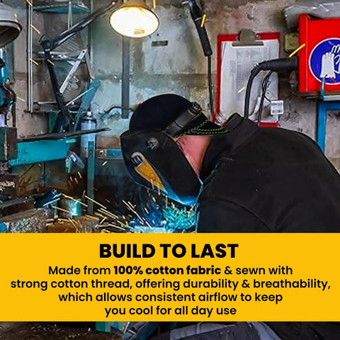 Welder wearing Reversible Flame Resistant 100 Percent Cotton Welding Cap For Men With Round Crown And Soft Brim 6-Panel Welding Hat