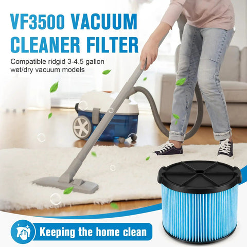 Person vacuuming with wet dry vacuum next to VF3500 Replacement Filter Two Pack For 4 Gallon Wet Dry Shop Vacuums 3 Layer Dust Filter