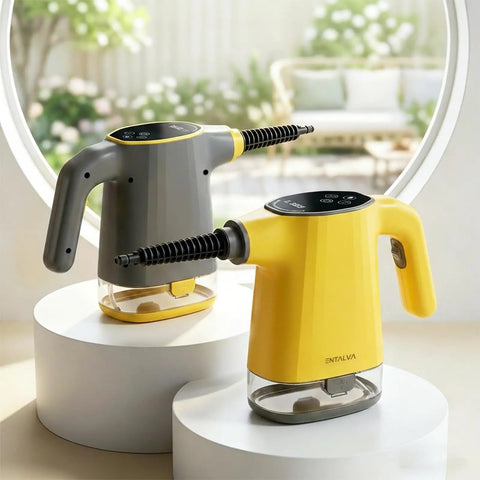 Heavy Duty Handheld Steam Cleaner With Smart Led Display And No Sweat Continuous Trigger Lock For Whole House Deep Cleaning Includes 16 Piece Accessory Kit For Kitchens Floors And Upholstery Quick Heat Ergo Handle in yellow and gray.