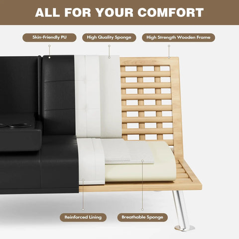 Cutaway view of Ultra Comfy Leather Look Futon Sofa Bed with premium faux PU leather, sponge layers, and chrome legs