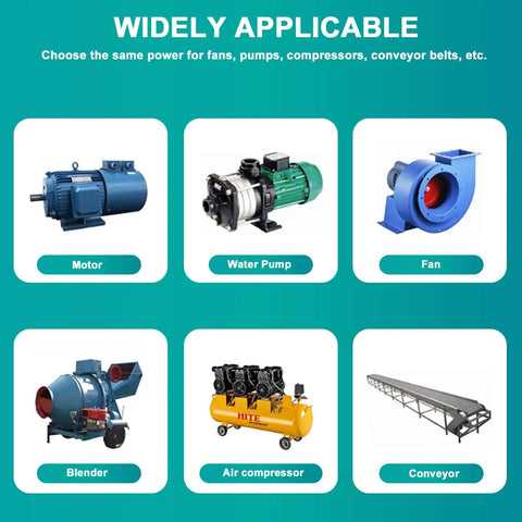 Image showing equipment supported by 110V Variable Frequency Drive for motor speed control, including motor, water pump, fan, blender, air compressor, and conveyor.