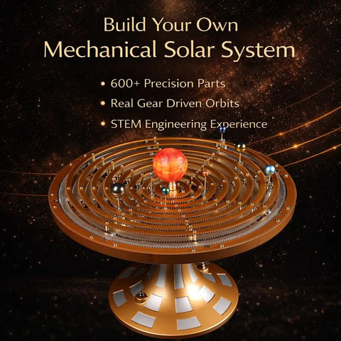 Premium Metal Solar System Model Kit With 600 Plus Precision Parts, Hands-On Mechanical Orrery With LED Sun display image.