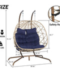 Double Swing Egg Chair With Stand For Patio And Balcony, Two Person Cozy Rattan Wicker Hanging Basket Chair With UV Cushions, dimensions displayed