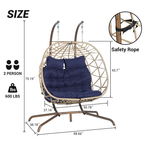 Double Swing Egg Chair With Stand For Patio And Balcony, Two Person Cozy Rattan Wicker Hanging Basket Chair With UV Cushions, dimensions displayed