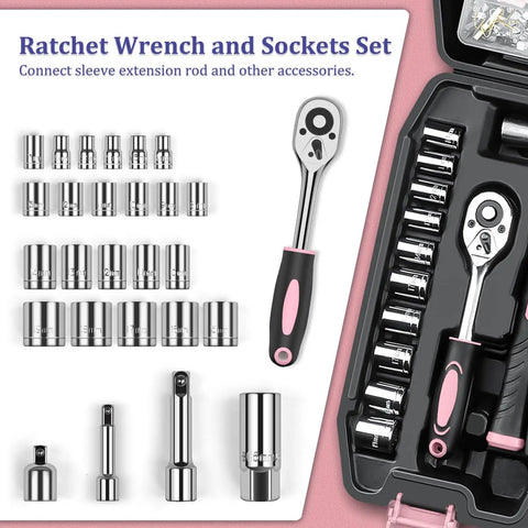 281 Piece Home Tool Kit Portable Hand Tool Set For Home And Auto Repairs Includes Tool Box With Socket Wrench Set Slotted And Phillips Screwdrivers Hex Keys Pliers Tape Measure Spirit Level And Wire Stripper, pink case