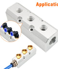 Three Way Pneumatic Manifold Air Distribution Block With Large Capacity Five Port Configuration One Half Inch NPT Supply Port And One Quarter Inch NPT Out Port Mounting Hole Aluminum Alloy Silver Finish, showing connections and application examples.