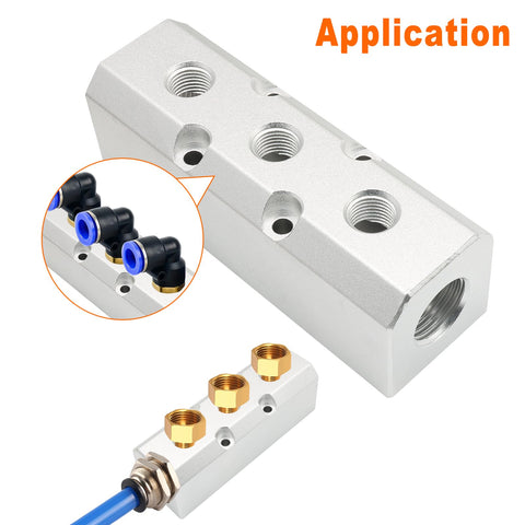 Three Way Pneumatic Manifold Air Distribution Block With Large Capacity Five Port Configuration One Half Inch NPT Supply Port And One Quarter Inch NPT Out Port Mounting Hole Aluminum Alloy Silver Finish, showing connections and application examples.