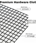 Black Hardware Cloth One Half Inch Mesh Roll, 50 Feet, 19 Gauge Vinyl Coated Welded Wire Fence For Garden diagram