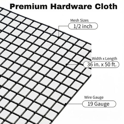 Black Hardware Cloth One Half Inch Mesh Roll, 50 Feet, 19 Gauge Vinyl Coated Welded Wire Fence For Garden diagram