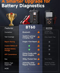 BT60 Bluetooth Battery Tester For 12V Vehicles 100 To 2000 CCA Load Tester With Wireless App Control IOS Pro Grade Smart Diagnostic Tool For Quick Daily Battery Checks, black handheld tester with clamps