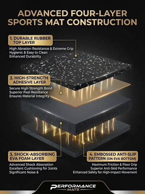 Advanced four-layer sports mat construction showing layers of durable rubber, adhesive, EVA foam, and anti-slip pattern for gym equipment protection.